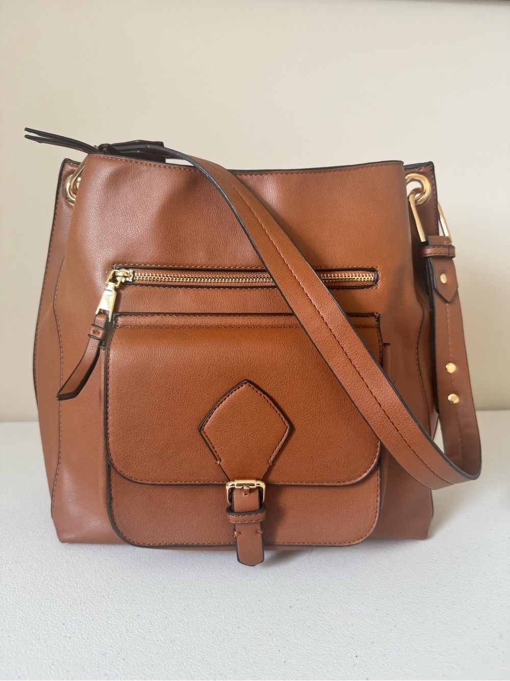 Structured Brown Faux LeatherShoulder Bag with Front Pocket and Adjustable Strap